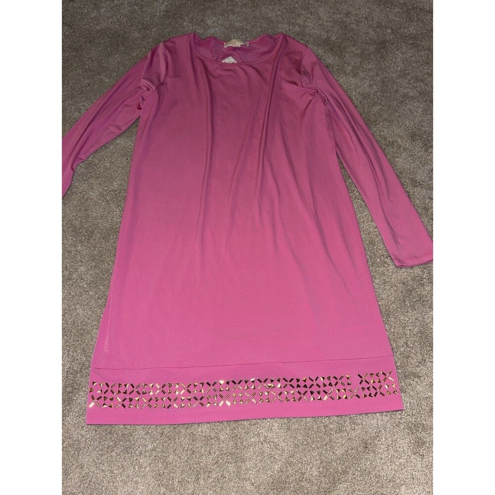 Michael Kors  Pink  Stretch Dress Long Sleeve Gold Stud Trim Large NWT